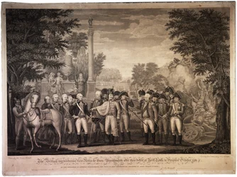 Die Briten übergeben ihre Waffen an General Washington...in York Town [Yorktown], 1819